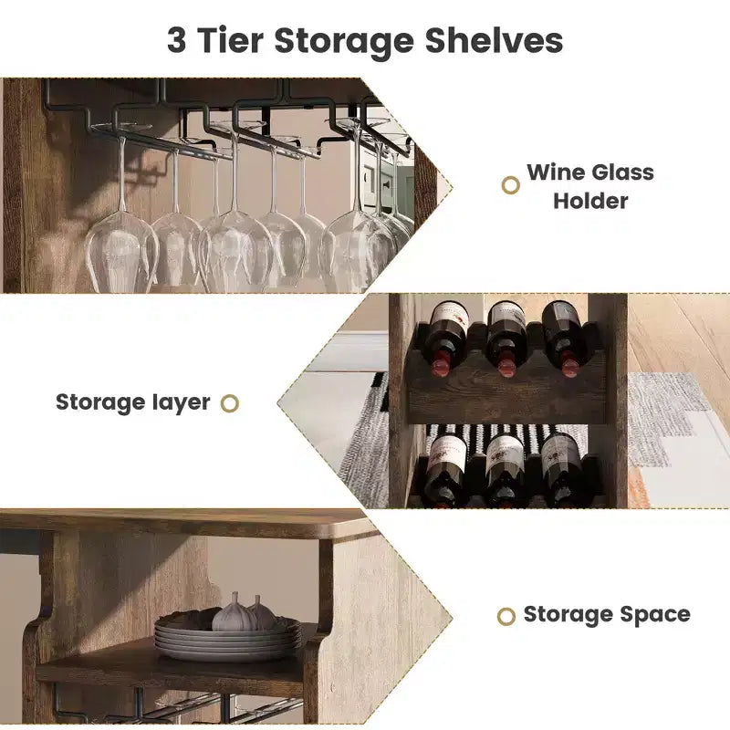 3 Piece Bar Table Set for 2, Counter Height Kitchen Table with 2 Stools & Storage Shelves & Wine Rack, Bar Table and Chair Set for Kitchen