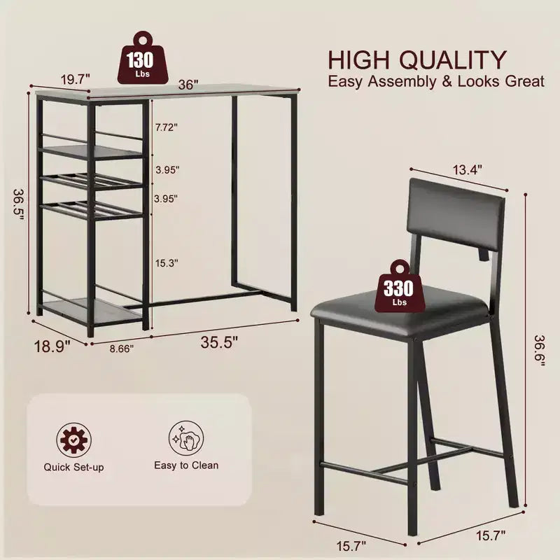 COZONY Ensemble de salle à manger à hauteur de comptoir pour 2 personnes avec rangement, chaises rembourrées pour petite cuisine et coin-repas