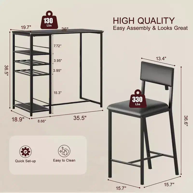 COZONY Ensemble de salle à manger à hauteur de comptoir pour 2 personnes avec rangement, chaises rembourrées pour petite cuisine et coin-repas