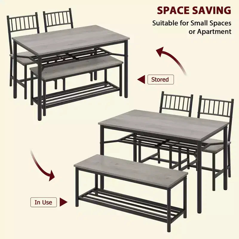 Farmhouse Dining Table Set for 4, Rectangular Dining Room Furniture Set, 2-Person Bench with Storage Rack, Easy Assembly, for Small Space