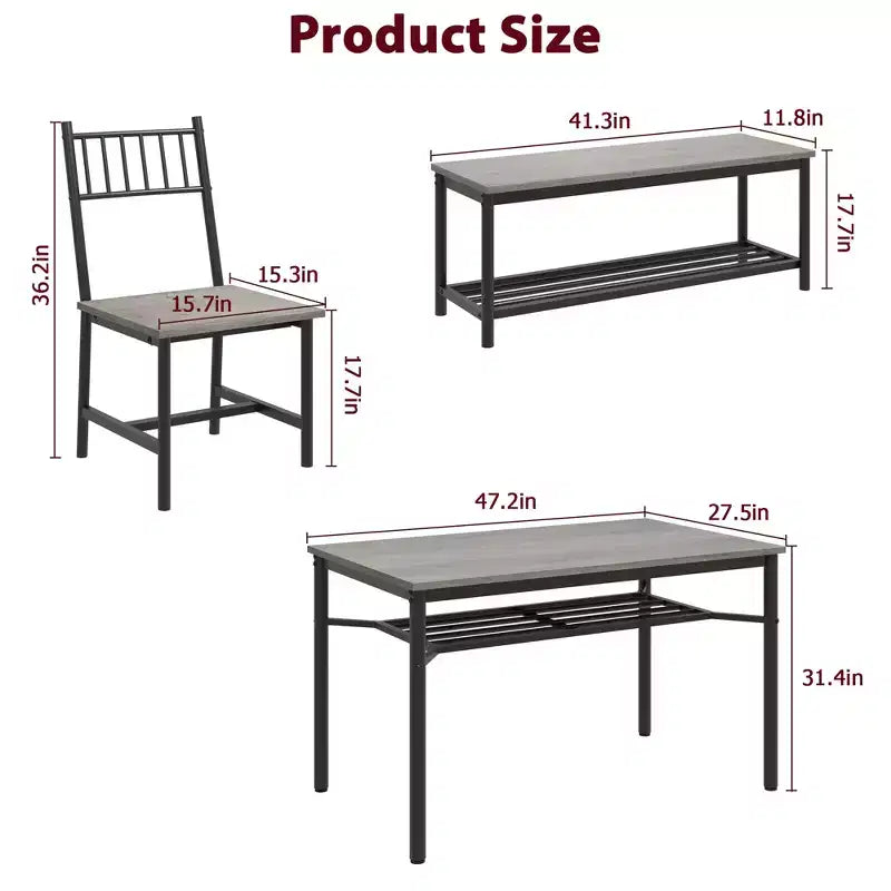Farmhouse Dining Table Set for 4, Rectangular Dining Room Furniture Set, 2-Person Bench with Storage Rack, Easy Assembly, for Small Space