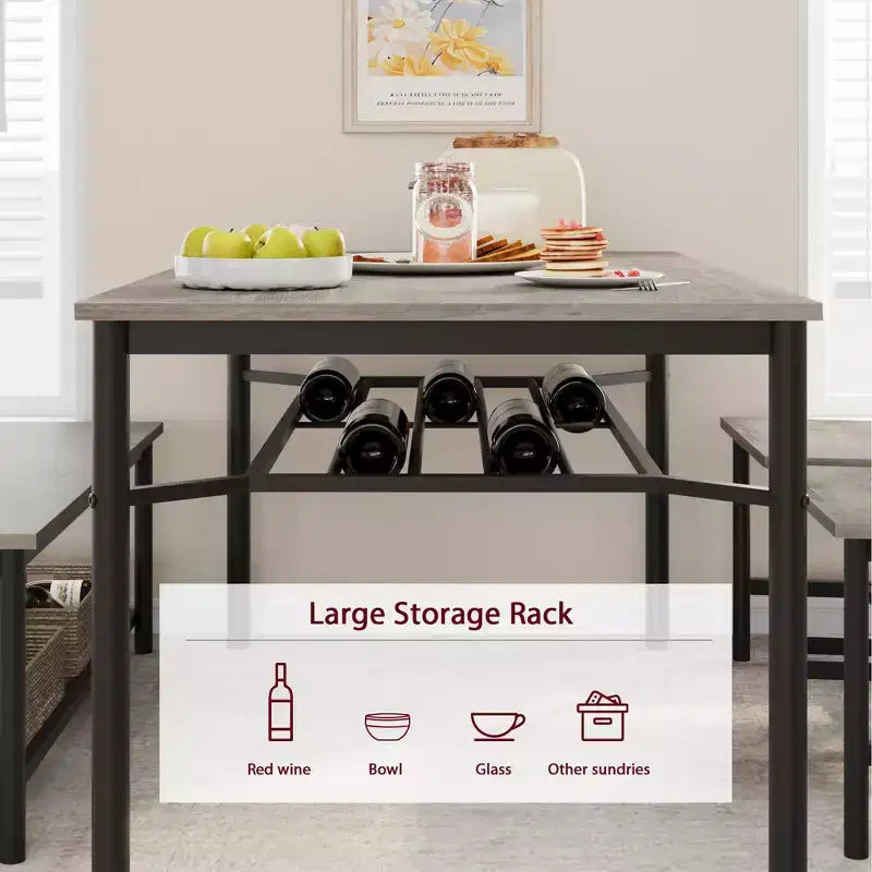 Farmhouse Dining Table Set for 4, Rectangular Dining Room Furniture Set, 2-Person Bench with Storage Rack, Easy Assembly, for Small Space