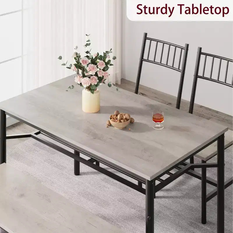 Farmhouse Dining Table Set for 4, Rectangular Dining Room Furniture Set, 2-Person Bench with Storage Rack, Easy Assembly, for Small Space