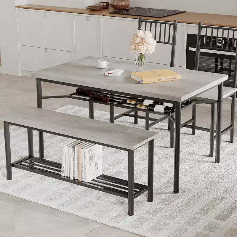 Farmhouse Dining Table Set for 4, Rectangular Dining Room Furniture Set, 2-Person Bench with Storage Rack, Easy Assembly, for Small Space