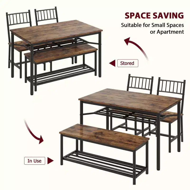 Farmhouse Dining Table Set for 4, Rectangular Dining Room Furniture Set, 2-Person Bench with Storage Rack, Easy Assembly, for Small Space
