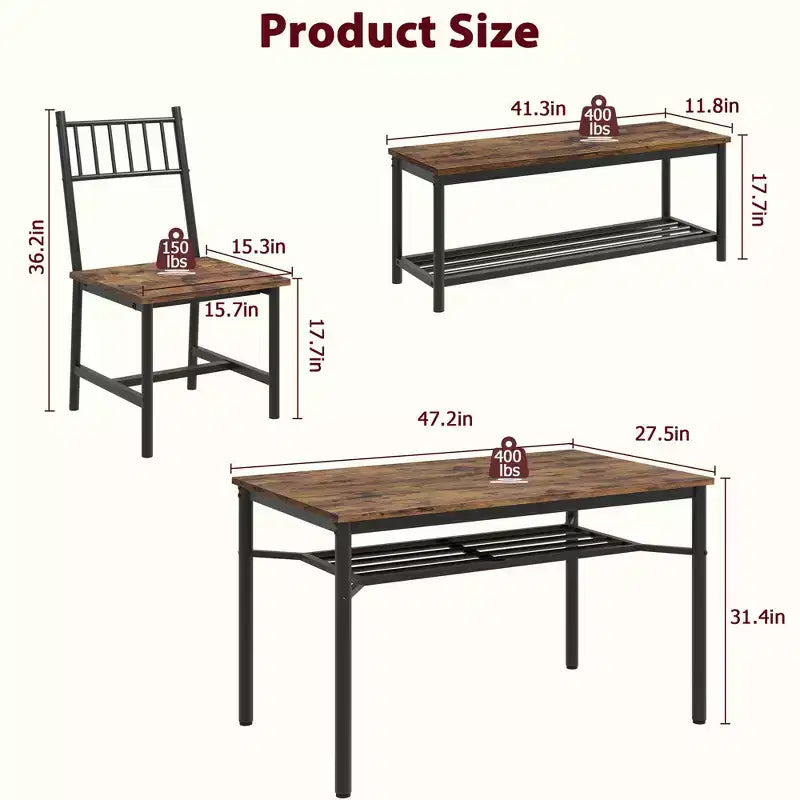 Farmhouse Dining Table Set for 4, Rectangular Dining Room Furniture Set, 2-Person Bench with Storage Rack, Easy Assembly, for Small Space