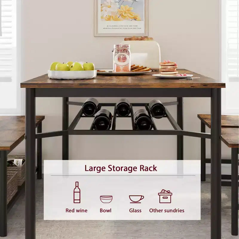 Farmhouse Dining Table Set for 4, Rectangular Dining Room Furniture Set, 2-Person Bench with Storage Rack, Easy Assembly, for Small Space