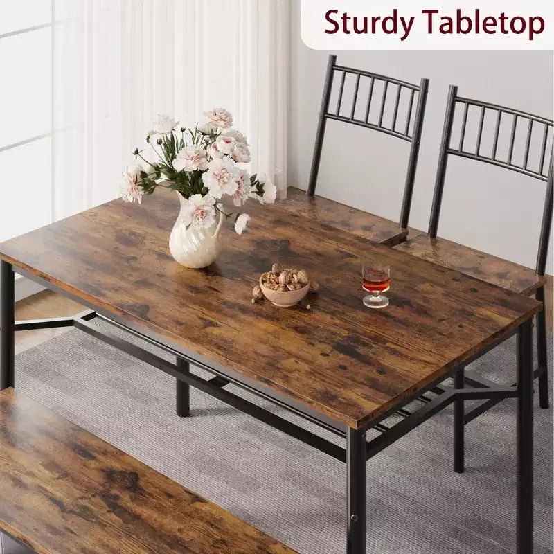 Farmhouse Dining Table Set for 4, Rectangular Dining Room Furniture Set, 2-Person Bench with Storage Rack, Easy Assembly, for Small Space