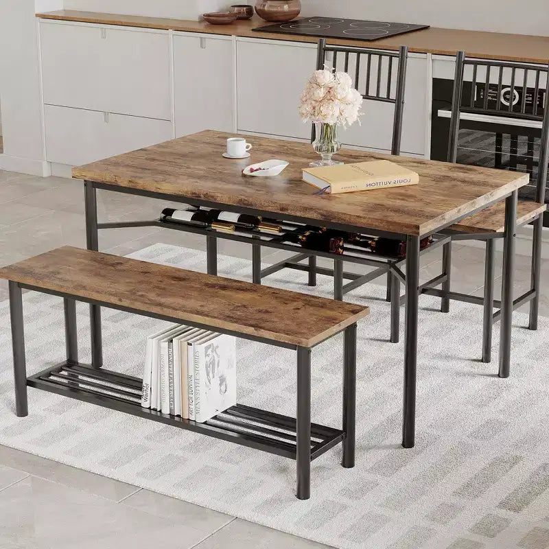 Farmhouse Dining Table Set for 4, Rectangular Dining Room Furniture Set, 2-Person Bench with Storage Rack, Easy Assembly, for Small Space