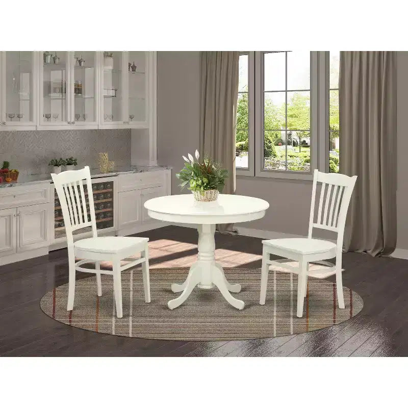 Modern 3 Piece Kitchen Dining Set - Round Table & 2 Chairs - Linen White Finish