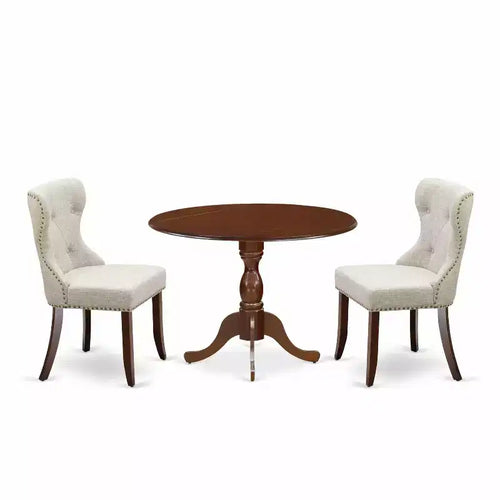 3-Piece Mahogany Finish Solid Wood Top - Button Tufted Dining Room Set - Seats 4