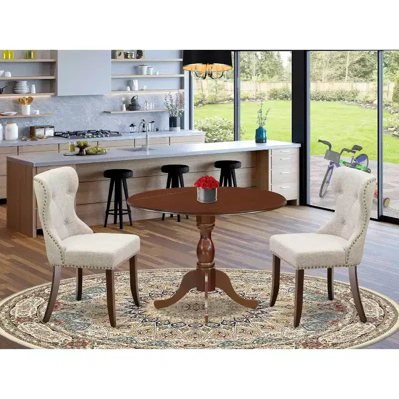 3-Piece Mahogany Finish Solid Wood Top - Button Tufted Dining Room Set - Seats 4