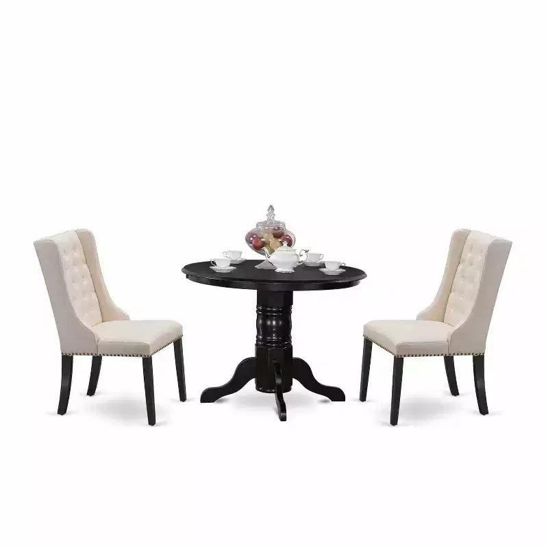 3-Piece Black Finish Solid Wood Top - Button Tufted Dining Room Set - Seats 4