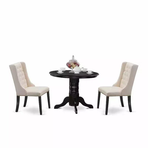3-Piece Black Finish Solid Wood Top - Button Tufted Dining Room Set - Seats 4