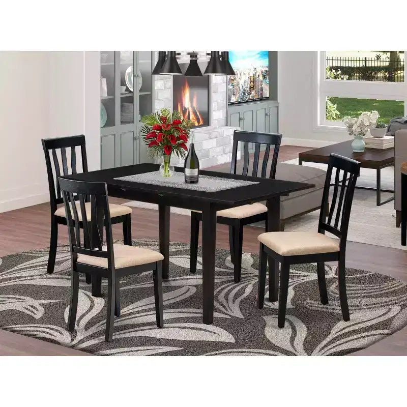 HomeStock 5-Pc Rectangular Black Finish Solid Wood Top-Dining Room Set with Butterfly Leaf-Seats 4