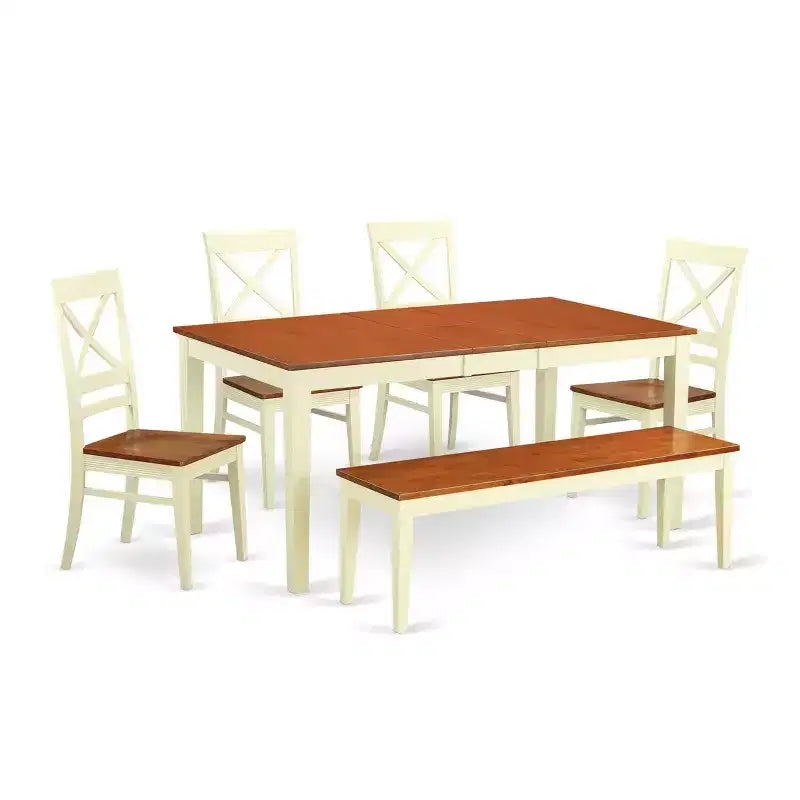 HomeStock 6-Piece Rectangle Buttermilk and Cherry Finish Solid Wood Top dining Table with 1-Bench and 4-Chairs