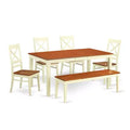 HomeStock 6-Piece Rectangle Buttermilk and Cherry Finish Solid Wood Top dining Table with 1-Bench and 4-Chairs
