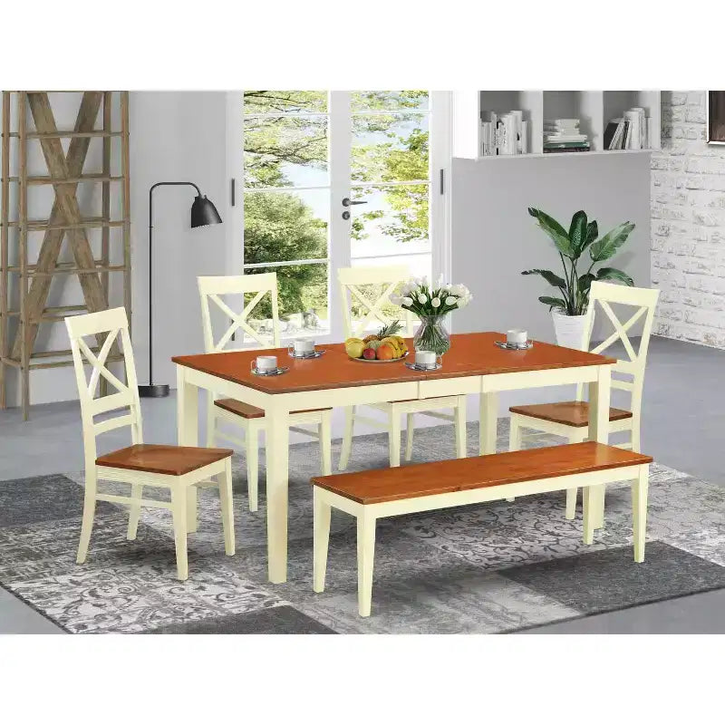 HomeStock Table à manger 6 pièces rectangulaire en bois massif, finition cerisier et crème, avec 1 banc et 4 chaises