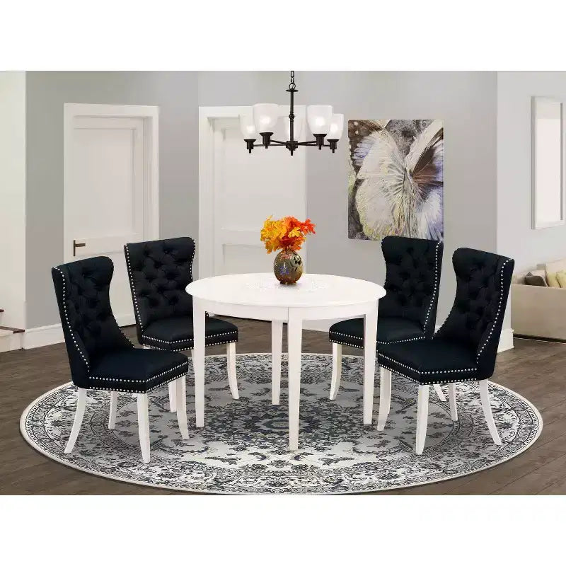 5-Piece Linen white Solid Wood Top-Round Dining Room Set-Seats 4