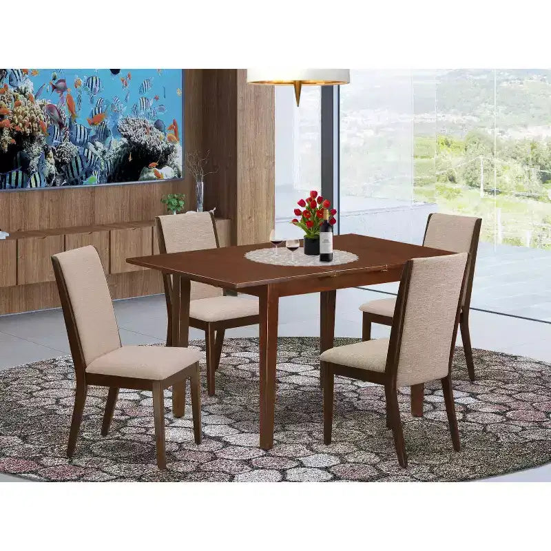 Ensemble de salle à manger 5 pièces en bois massif finition acajou – dessus de table en bois massif – sièges rembourrés – 4 places