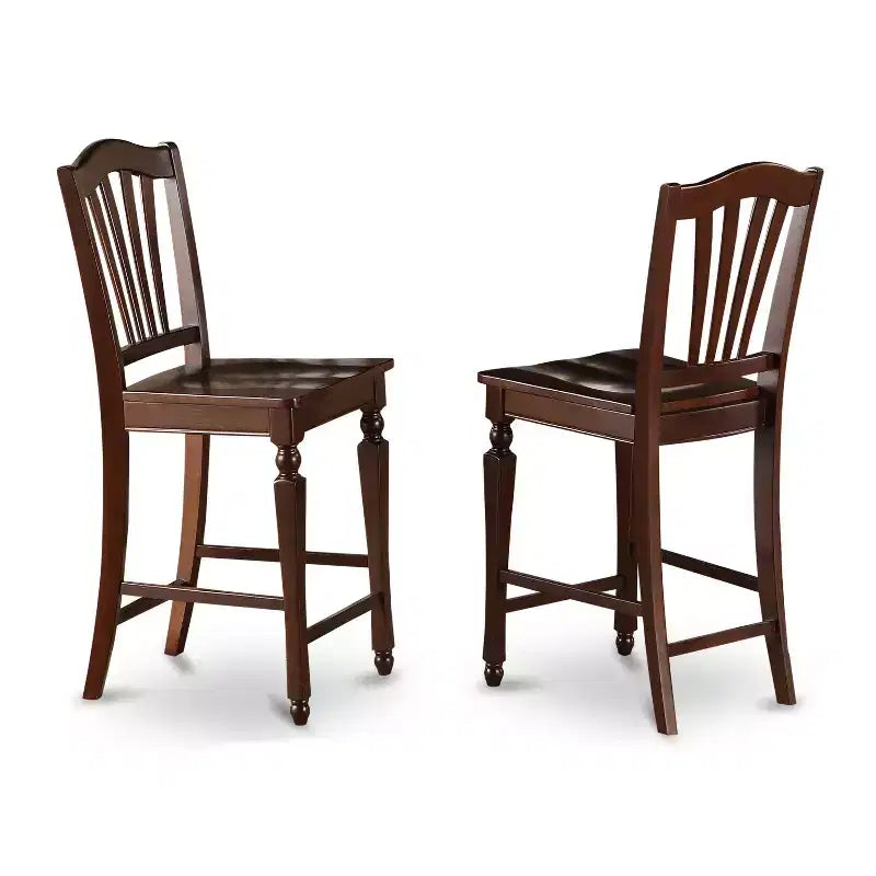 Counter Height Dining Set - 3 Piece Table & Chair Set - Round Pedestal Table - Mahogany Finish