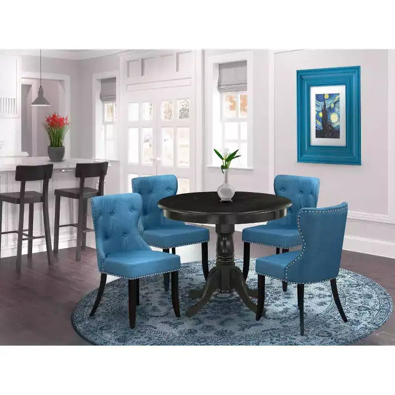 HomeStock 5-Piece Round Wire Brushed Black Finish Solid Wood Top Dining Table with 4 Parson Chair