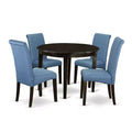 Small Round Kitchen Table Set 5 Piece - Linen Blue Chairs & Cappuccino Legs - Modern Dining Room Table