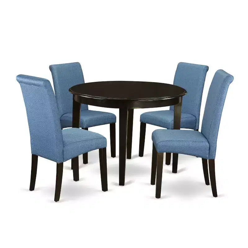 Small Round Kitchen Table Set 5 Piece - Linen Blue Chairs & Cappuccino Legs - Modern Dining Room Table