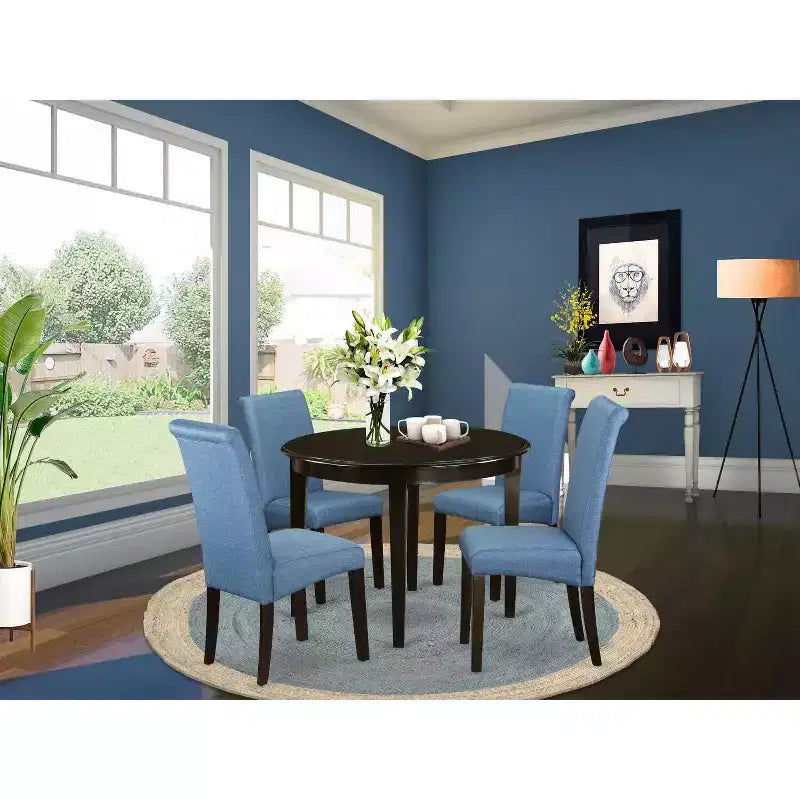 Petit ensemble de table de cuisine ronde 5 pièces - Chaises en lin bleu et pieds couleur cappuccino - Table de salle à manger moderne