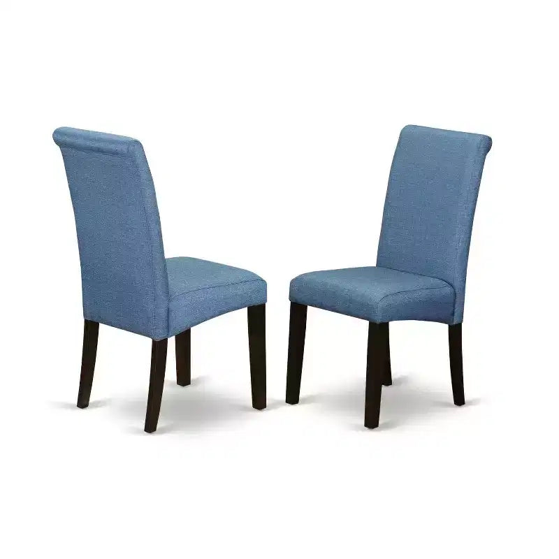 Petit ensemble de table de cuisine ronde 5 pièces - Chaises en lin bleu et pieds couleur cappuccino - Table de salle à manger moderne