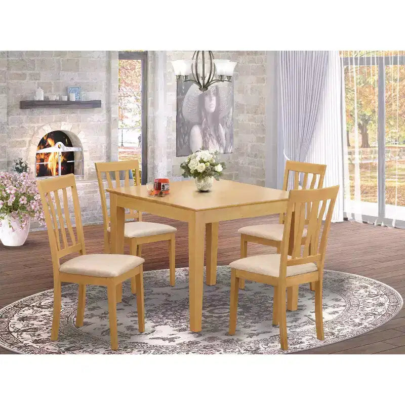 Kitchen Dining Set for 4 - 5 Piece Table & Chair Set - Linen Fabric Chairs - 36x36 Inch Oak Finish