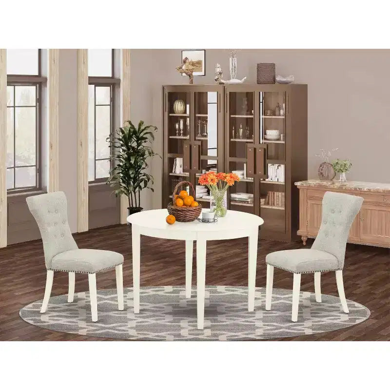 Round Dinette Set - 3 Piece Kitchen Table & Chairs - Linen White Finish - Modern Parson Design