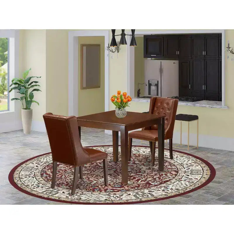 Ensemble table à manger 3 pièces HomeStock avec plateau en bois massif finition acajou
