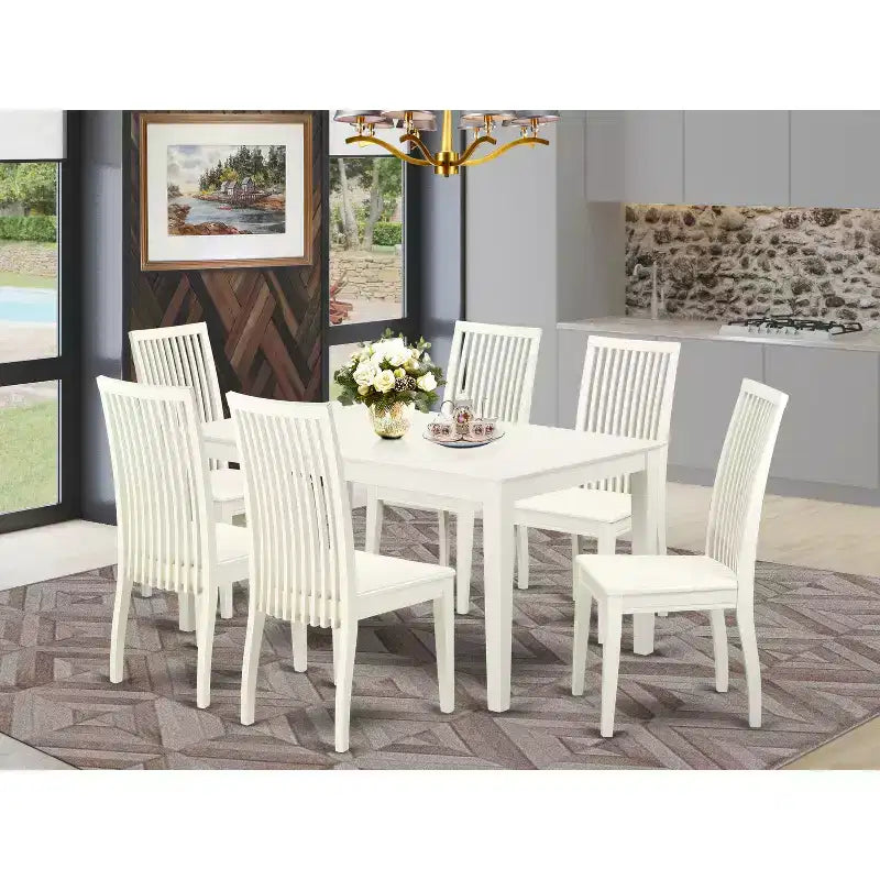HomeStock 7-Pc Linen White Finish Solid Wood Top Dining Table with 6 Chairs