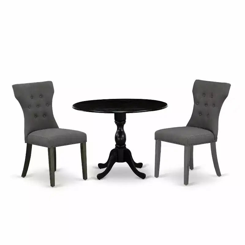 3-Piece Wire Brushed Black Solid Wood Top - Button Tufted Dining Room Set - Seats 4