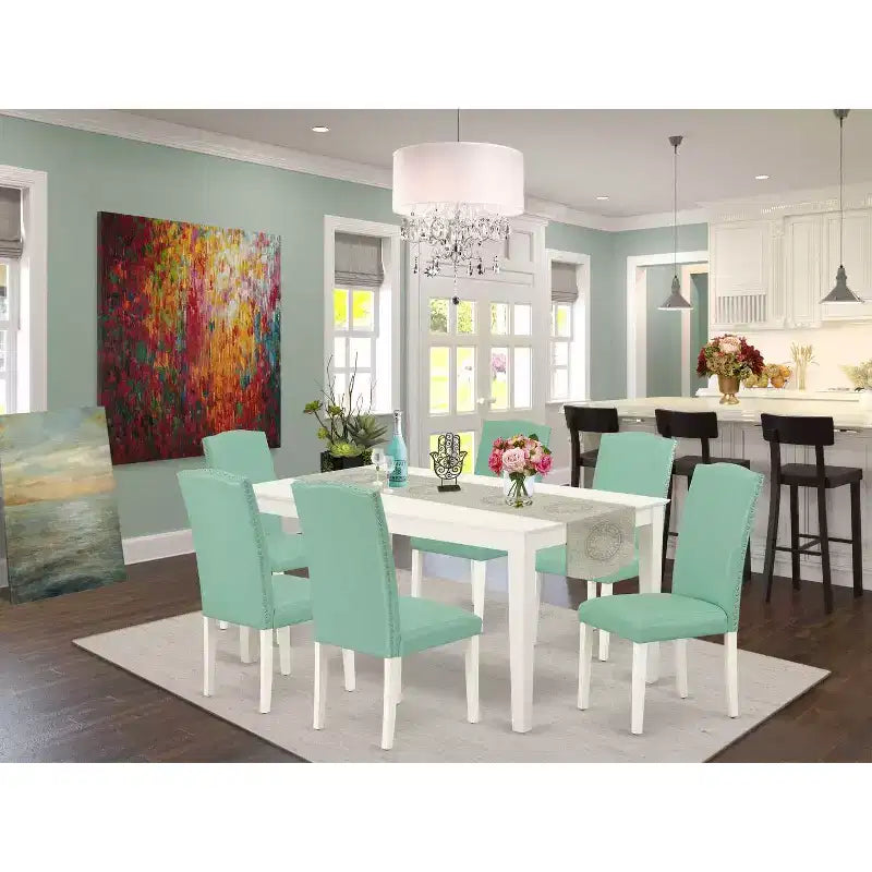 HomeStock 7-Pc Rectangle Linen White Finish Solid Wood Top Dining Table with 6 Parson-Chairs