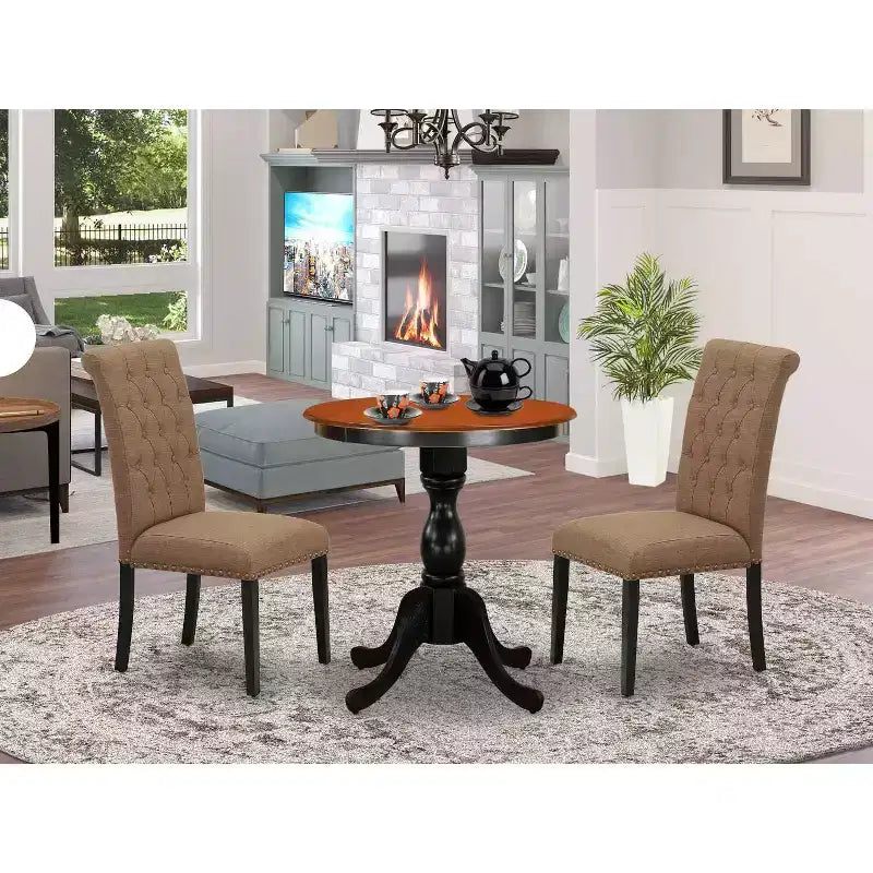 HomeStock 3-Piece Saddle Brown Finish Solid Wood Top - Button Tufted Dining Room Set - Seats 4