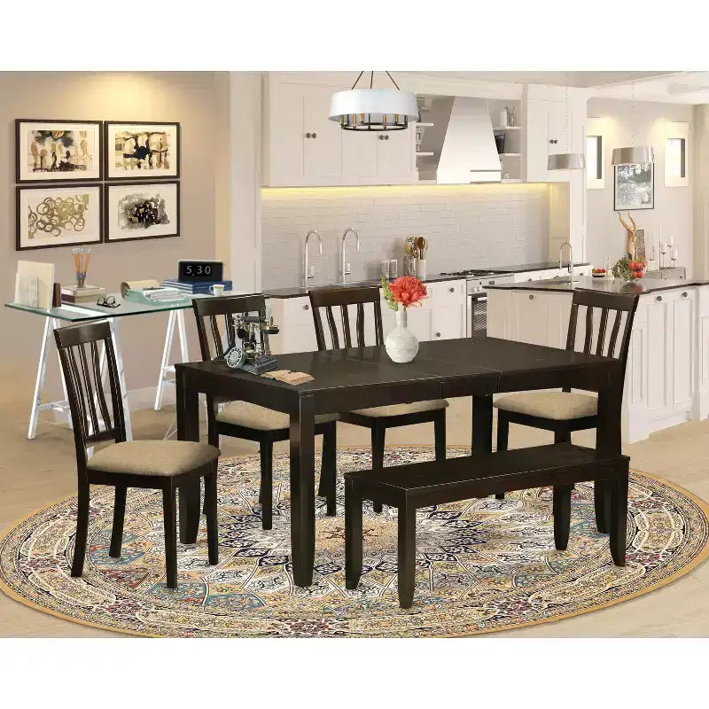 Dining Room Set 6 Piece Table with Chairs & Bench - Cappuccino Finish, 36x66 Inch