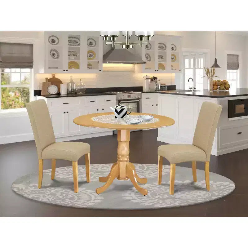 Ensemble table à manger ronde - Table de 42 pouces avec 2 chaises - Sièges en tissu de lin - Pieds en finition chêne