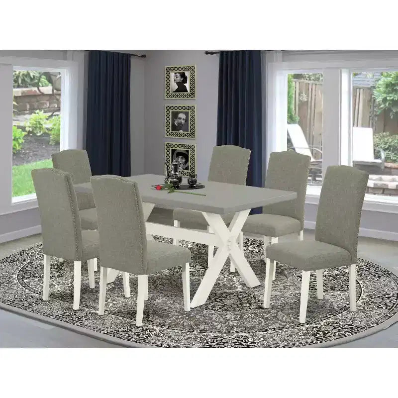 7-Piece Rectangle Natural Oak Finish Solid Wood Top Dining Table with 6 Parson-Chairs with