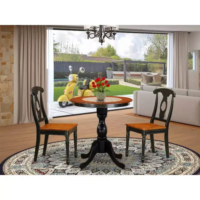 Modern 3Piece Dining Set - Round Wood Table & 2 Mid Century Chairs - Black Finish
