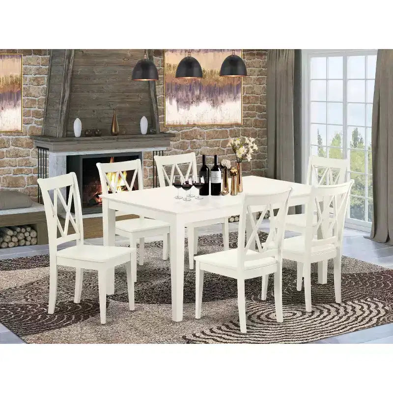 Ensemble de salle à manger du milieu du siècle - Table rectangulaire 7 pièces et 6 chaises - Finition blanche
