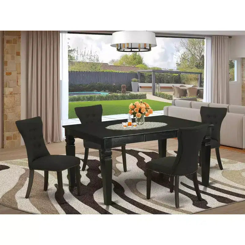 HomeStock 5-Piece Rectangle Black Finish Solid Wood Top Dining Table with 4 Parson Chair with Butterfly Leaf