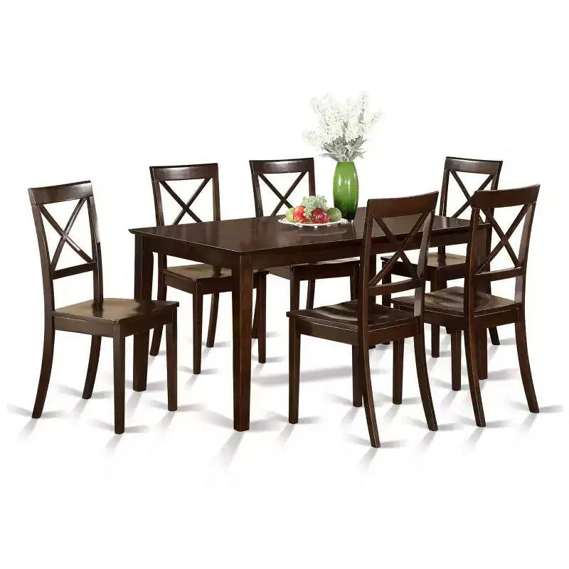 HomeStock 7-Piece Rectangle Cappuccino Finish Solid Wood Top Dining Table with 6 Cross-Back Wood Seat Dining Chairs, Seats 6