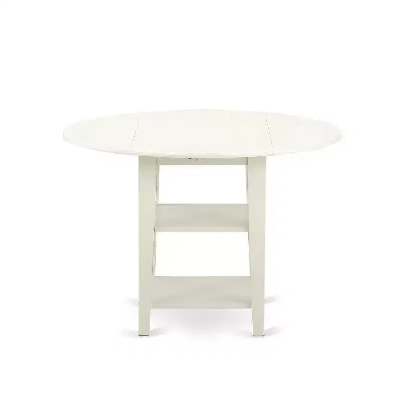 5-Piece Linen White Finish Solid Wood Top - Round Upholstered Dining Room Set - Seats 4