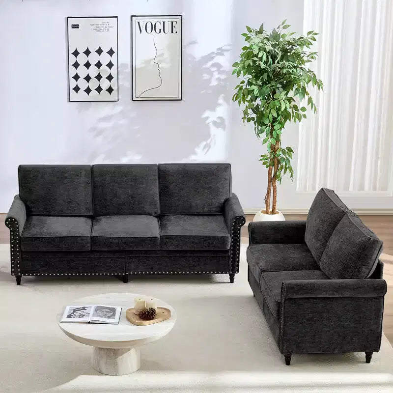 Mjkone 2 Piece Living Room Sofa Set with Riveted Design,Chenille W76''3-Seater Sofa Couch with W53''Loveseat Sofa