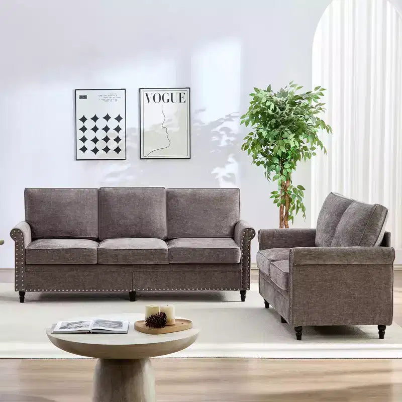 Mjkone 2 Piece Living Room Sofa Set with Riveted Design,Chenille W76''3-Seater Sofa Couch with W53''Loveseat Sofa