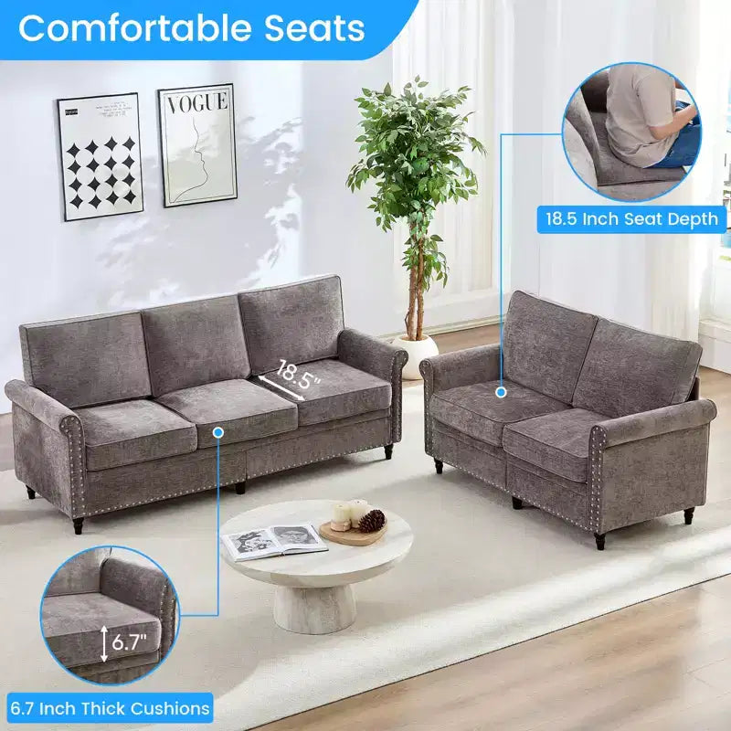 Mjkone 2 Piece Living Room Sofa Set with Riveted Design,Chenille W76''3-Seater Sofa Couch with W53''Loveseat Sofa