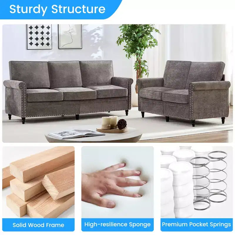 Mjkone 2 Piece Living Room Sofa Set with Riveted Design,Chenille W76''3-Seater Sofa Couch with W53''Loveseat Sofa
