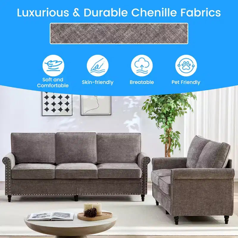 Mjkone 2 Piece Living Room Sofa Set with Riveted Design,Chenille W76''3-Seater Sofa Couch with W53''Loveseat Sofa